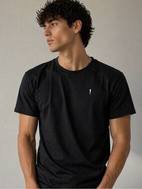 OWEST Men's Black Crew Neck T-Shirt with Small Mint Accent